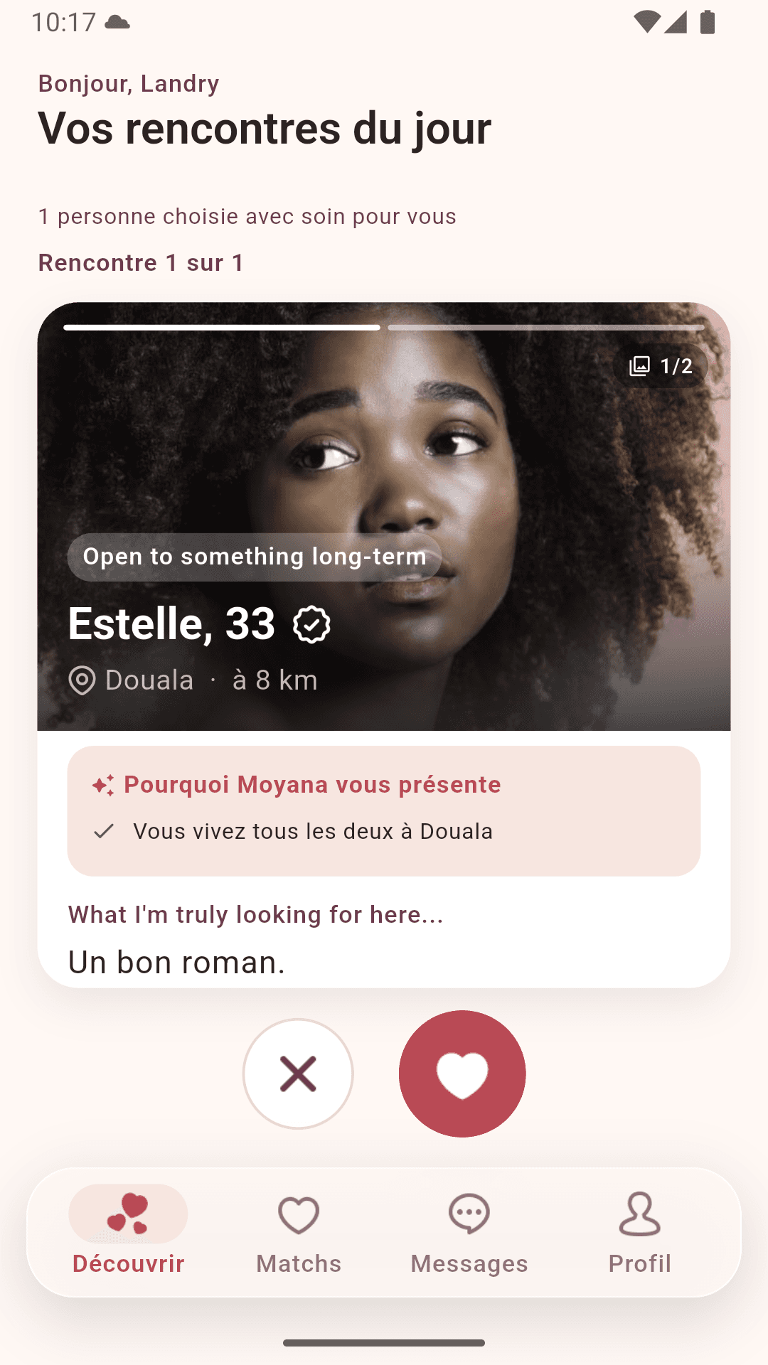 Moyana daily match screen showing a verified profile with a compatibility reason