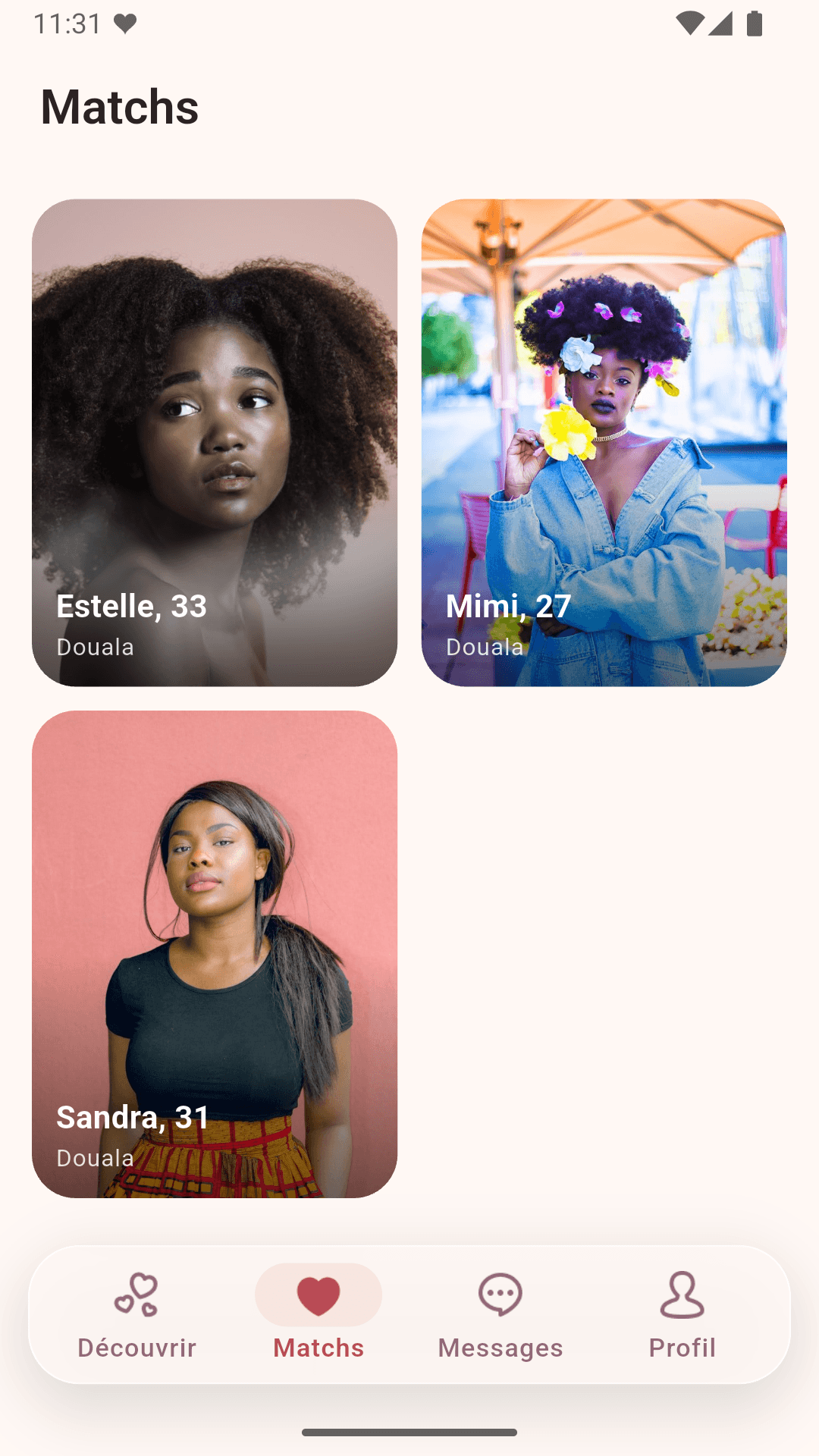 Your matches shown in a grid