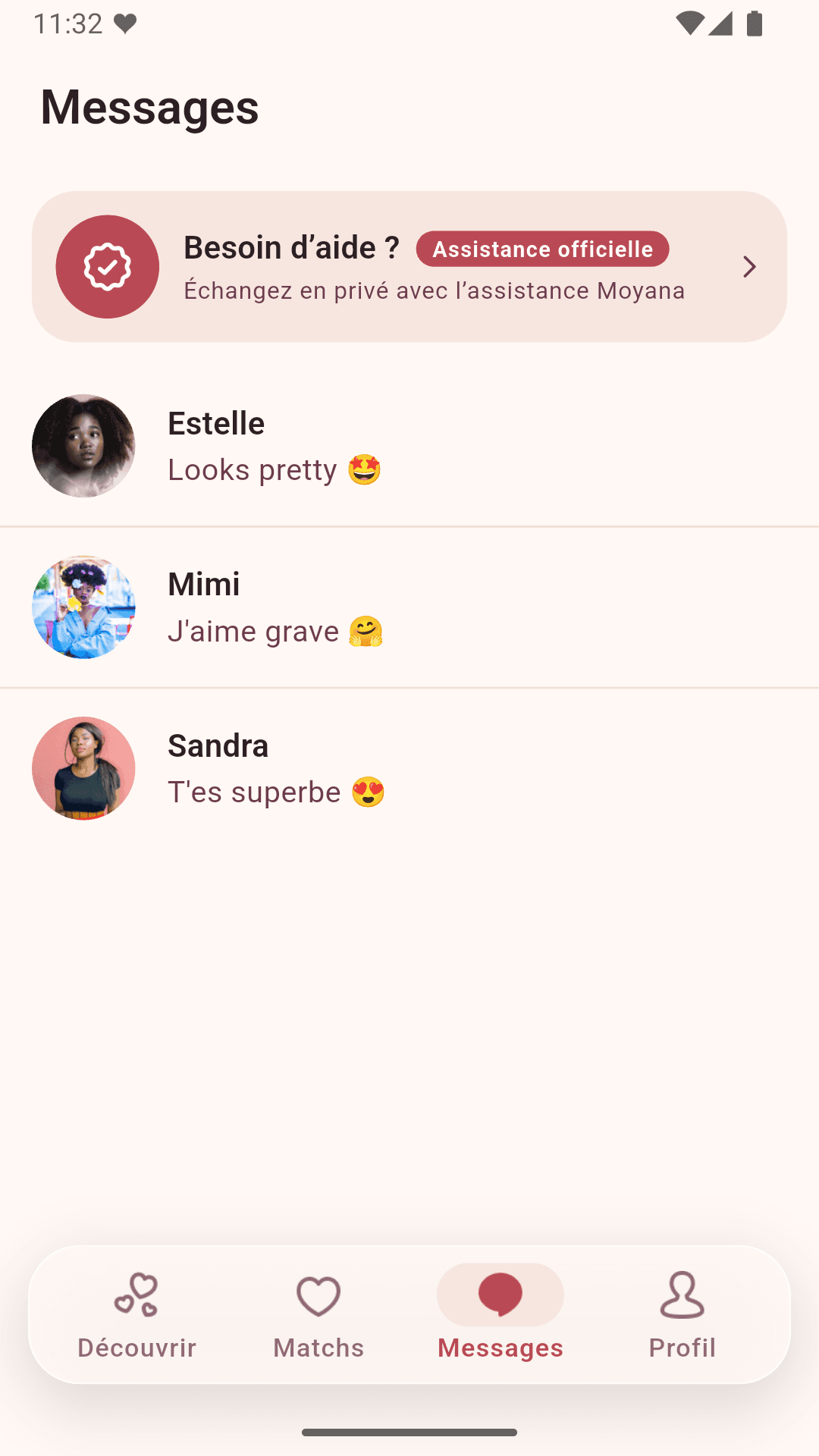 Conversation list with matches on Moyana
