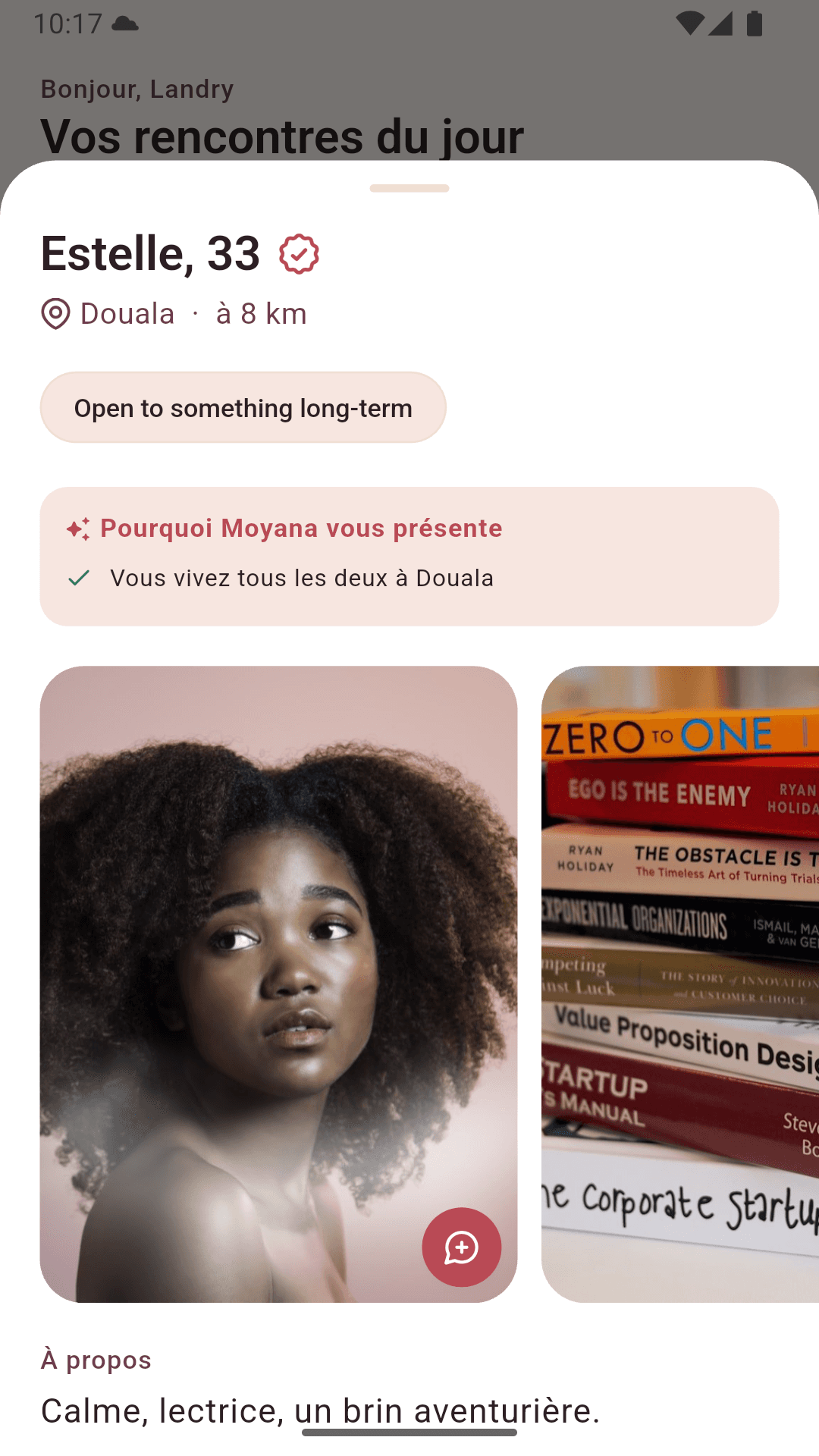 Verified profile detail with photos and interests on Moyana