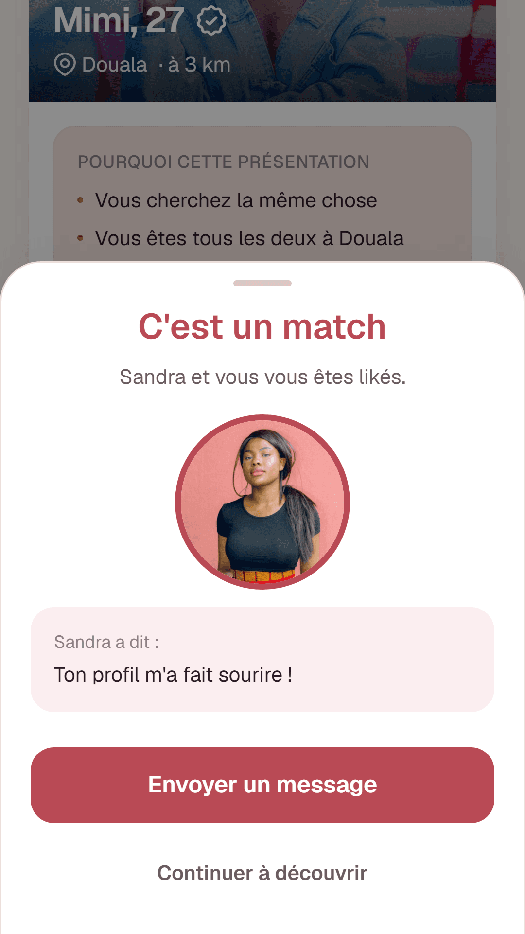 Écran C'est un match avec une notification de nouveau match